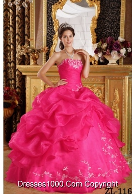 Coral Red Ball Gown Strapless Quinceanera Dress  with  Embroidery Organza