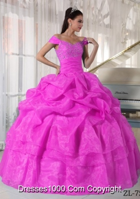 Hot Pink Ball Gown Off The Shoulder Quinceanera Dress with Taffeta Organza Beading