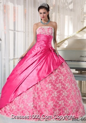Hot Pink Ball Gown Strapless Quinceanera Dress with Taffeta Lace