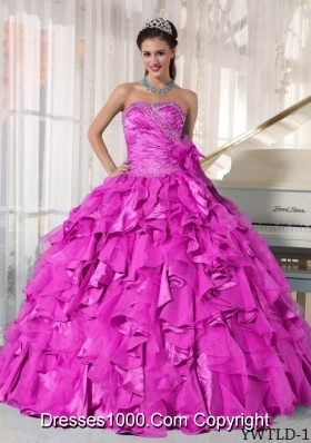 Hot Pink Ball Gown Sweetheart Quinceanera Dress with Organza Beading