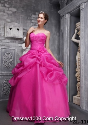 Hot Pink Ball Gown Sweethrart Quinceanera Dress with Organza Beading