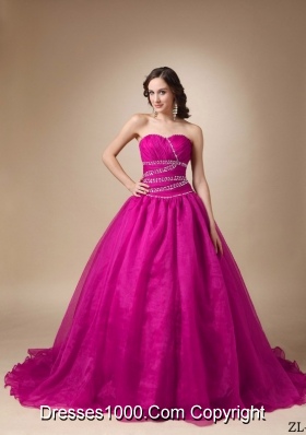 Princess Sweetheart Chapel Train Quinceanea Dress with Organza Beading