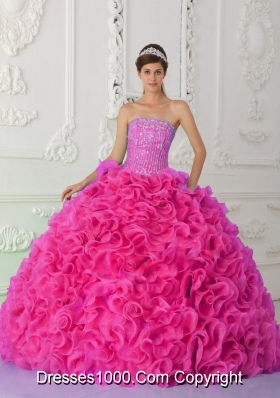 Ball Gown Strapless Organza Hot Pink Quinceanera Dress with Beading and Ruffles