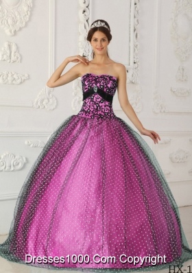 Black and Fuchsia Ball Gown Strapless Quinceanera Dress with Appliques