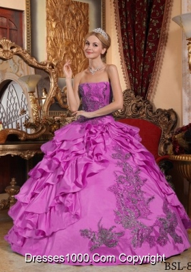 Fuchsia Ball Gown Strapless Quinceanera Dress with Taffeta Appliques