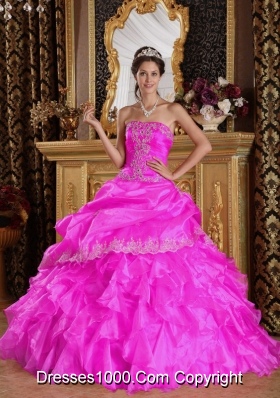 Hot Pink Ball Gown Strapless Quinceanera Dress with Organza