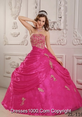 Hot Pink Ball Gown Strapless Quinceanera Dress with Organza Appliques