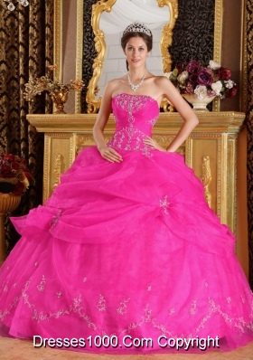 Hot Pink Ball Gown Strapless Quinceanera Dress with Organza Appliques
