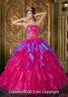 Hot Pink Ball Gown Strapless Quinceanera Dress with Organza Ruffles