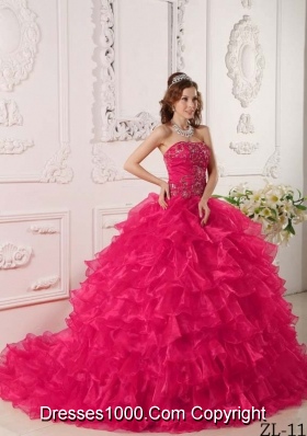 Hot Pink Ball Gown Strapless Quinceanera Dress with Organza Ruffles Embroidery