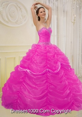 Hot Pink Ball Gown Sweetheart Quinceanera Dress with Organza Beading