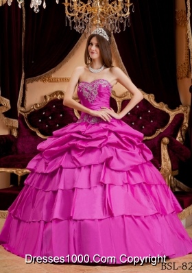 Hot Pink Ball Gown Sweetheart Quinceanera Dress with Taffeta Appliques
