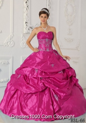 Hot Pink Ball Gown Sweetheart Quinceanera Dress with Taffeta Appliques