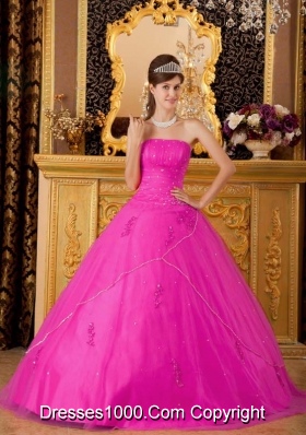 Hot Pink Princess Strapless Quinceanera Dress with Tulle Appliques