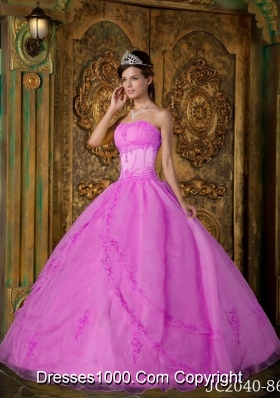 Rose Pink Ball Gown Strapless Quinceanera Dress with Appliques Organza