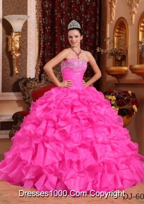 Rose Pink Ball Gown Strapless Quinceanera Dress with Organza Beading Appliques