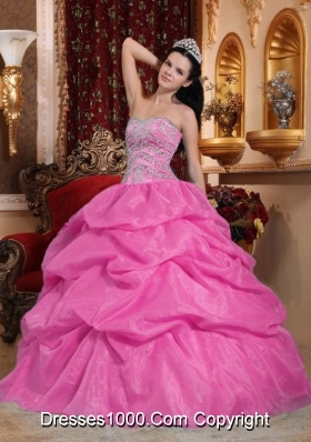 Rose Pink Ball Gown Sweetheart Quinceanera Dress with Organza Beading