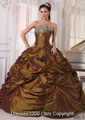 Perfect Brown Puffy Strapless for 2014 Embroidery Quinceanera Dresses with Pick-ups