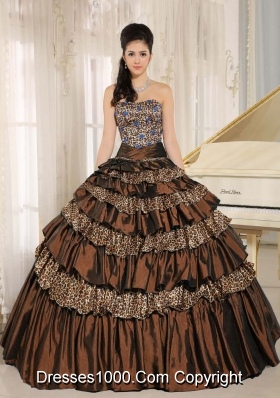 2014 Brown Leopard Ruffled Layers Appliques With Beading Quinceanera Dresses