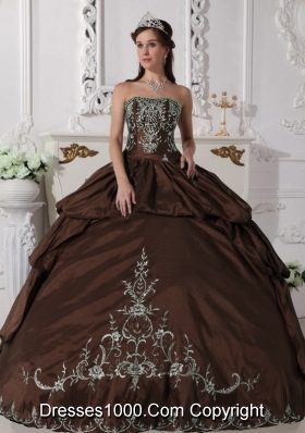 2014 Brown Puffy Strapless Embroidery Quinceanera Dress with Pick-ups