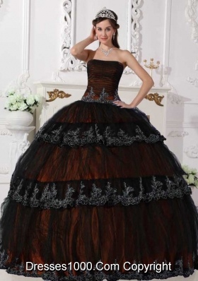 2014 Fashionable Orange Puffy Strapless Ruffled Layers Quinceanera Dress with Appliques