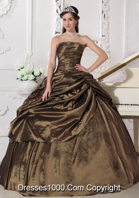 Popular Brown Ball Gown Strapless for 2014 Beading Quinceanera Dress with Pick-ups