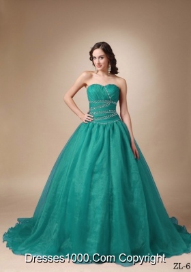 Princess Sweetheart Chapel Train Turquoise Quinceanea Dress with Beading