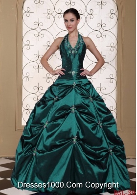 Halter Top Turquoise Quinceanera Gown Dresses with Embroidery and Beading