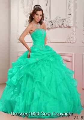Apple Green Strapless Organza Turquoise Quinceanera Dresses with Beading and Ruffles