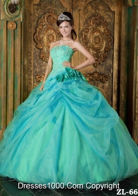 Strapless Organza Turquoise Quinceanera Dresses with Beading