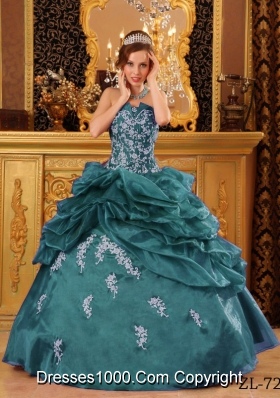 Strapless Turquoise Quinceanera Gowns with Appliques and Pick-ups