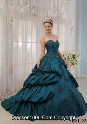 Sweetheart Court Train Appliques Turquoise Quinceanera Dresses with Pick-ups
