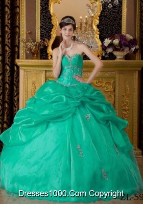 Sweetheart Organza Turquoise Quinceanera Dresses with Appliques and Pick-ups