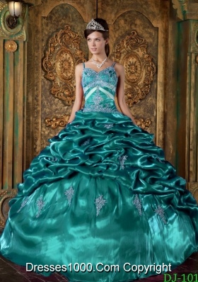 Taffeta Beading and Pick-ups Turquoise Quinceanera Gowns with Spaghetti Straps