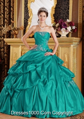 Turquoise Strapless Taffeta Quincenera Dresses with Appliques