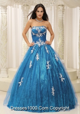 2014 Pretty A-line Quinceanera Dresses With Appliques Teal Paillette Over Skirt