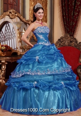 Puffy Strapless Organza Long Quinceanera Dresses with Appliques
