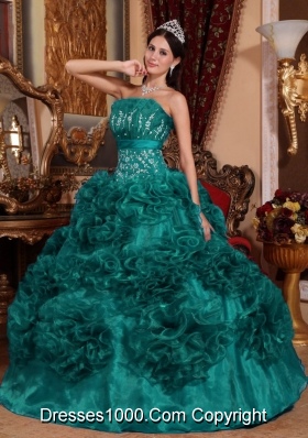 Strapless Organza Appliques Turquoise Quinceanera Gown Dresses