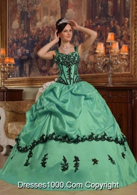 Straps Turquoise Quinceanera Gowns Dresses with Black Appliques