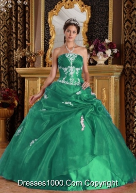 Turquoise Quinceanera Gown Dress with Appliques and Pick-ups