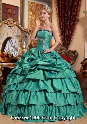 Turquoise Quincianera Dresses with Appliques and Pick-ups Strapless