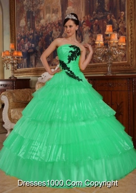 Turquoise Strapless Organza Quinceanera Dresses with Appliques and Layers