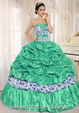 Beaded and Pick-ups For Turquoise Quinceanera Dress Taffeta and Printing