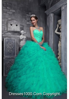 Exclusive Sweetheart Turquoise Quinceanera Gowns with Beading and Ruffles