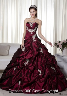 Princess Strapless Taffeta Burgundy Quinceanera Dress with Appliques