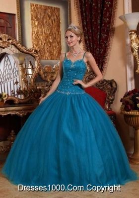 Spaghetti Straps Floor-length Tulle Beading Puffy Quinceanera Dresses