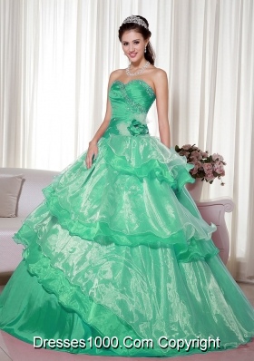 Sweetheart Turquoise Quinceanera Dresses with Hand Made Flower and Beading
