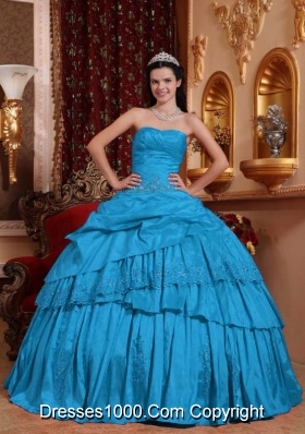 Teal Ball Gown Sweetheart Floor-length Taffeta Beading and Appliques Quinceanera Dress