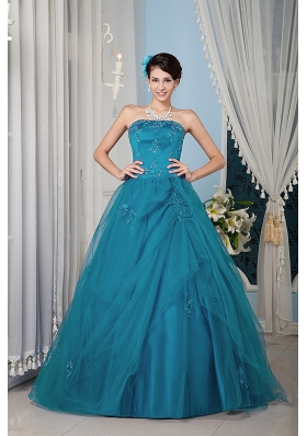 Teal Princess Strapless Floor-length Tulle Beading Quinceanera Dress
