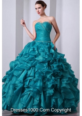 Teal Princess Sweetheart Floor-length Organza Beading and Rufffles Quinceanea Dress